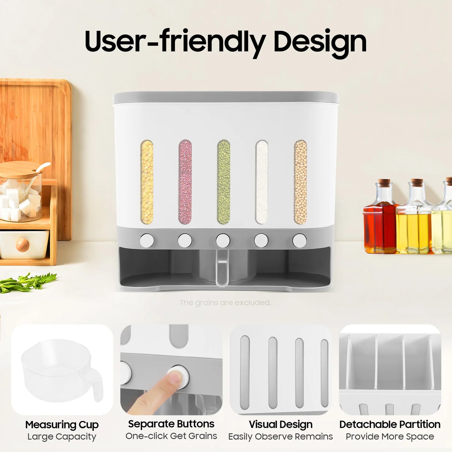 Five Compartment Wall Mount Rice Dispenser for Kitchen Storage