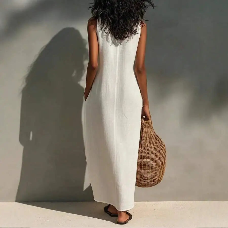Linen Blend Sleeveless Maxi Dress With Pockets For Women