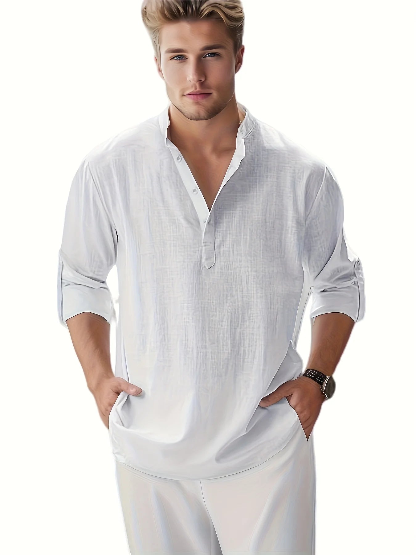 Men's Linen Stand Collar Long Sleeve Shirt