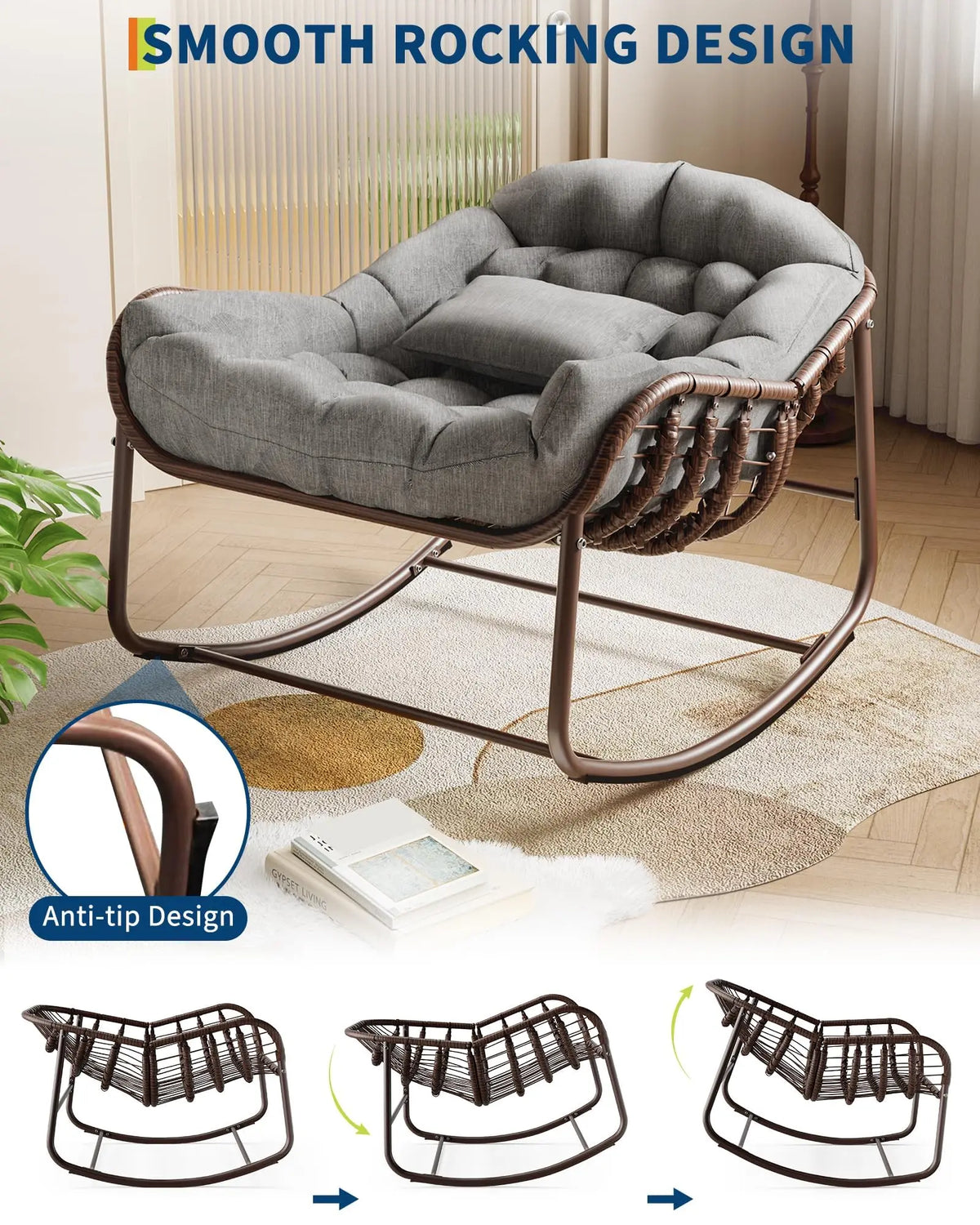 Grey Oversized Rattan Egg Rocking Chair With Steel Frame