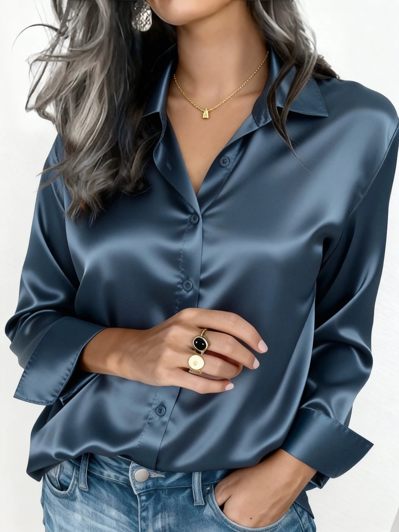 Satin Button Up Blouse Office Wear Elegant Collared Design