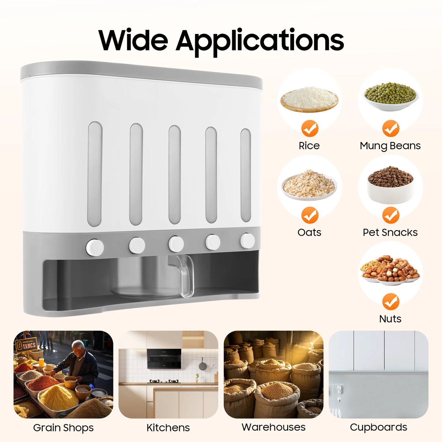 Five Compartment Wall Mount Rice Dispenser for Kitchen Storage
