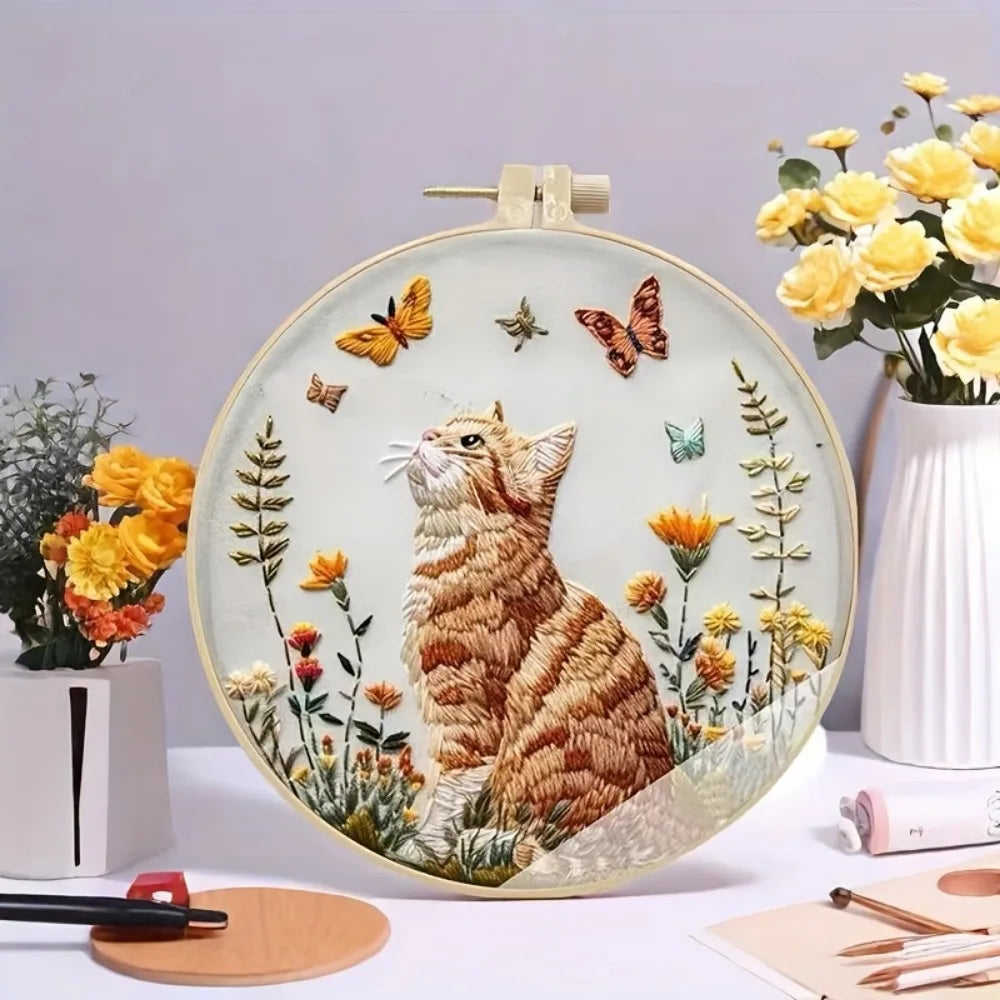 NONECN Cat and Flower Embroidery Kit for Beginners