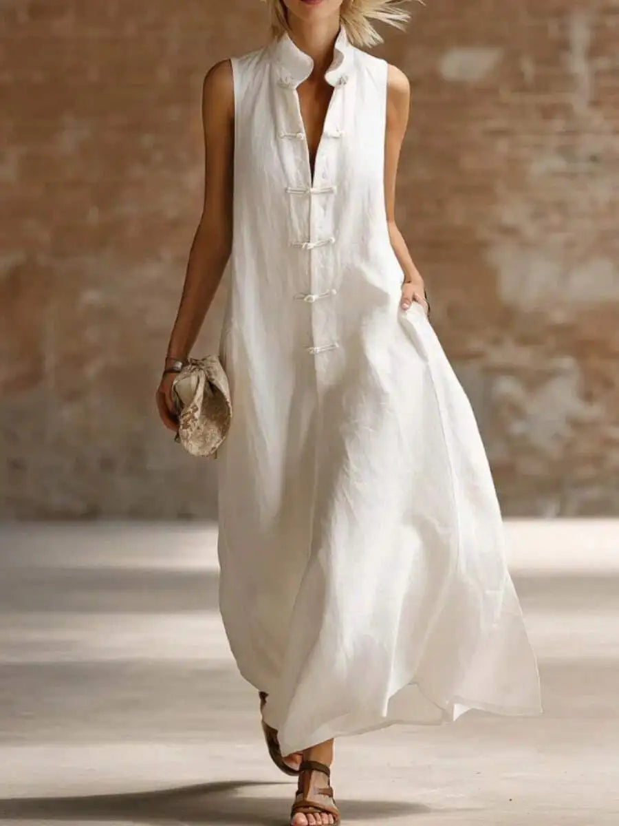Linen Cotton Stand Collar Frog Button Long Dress For Women