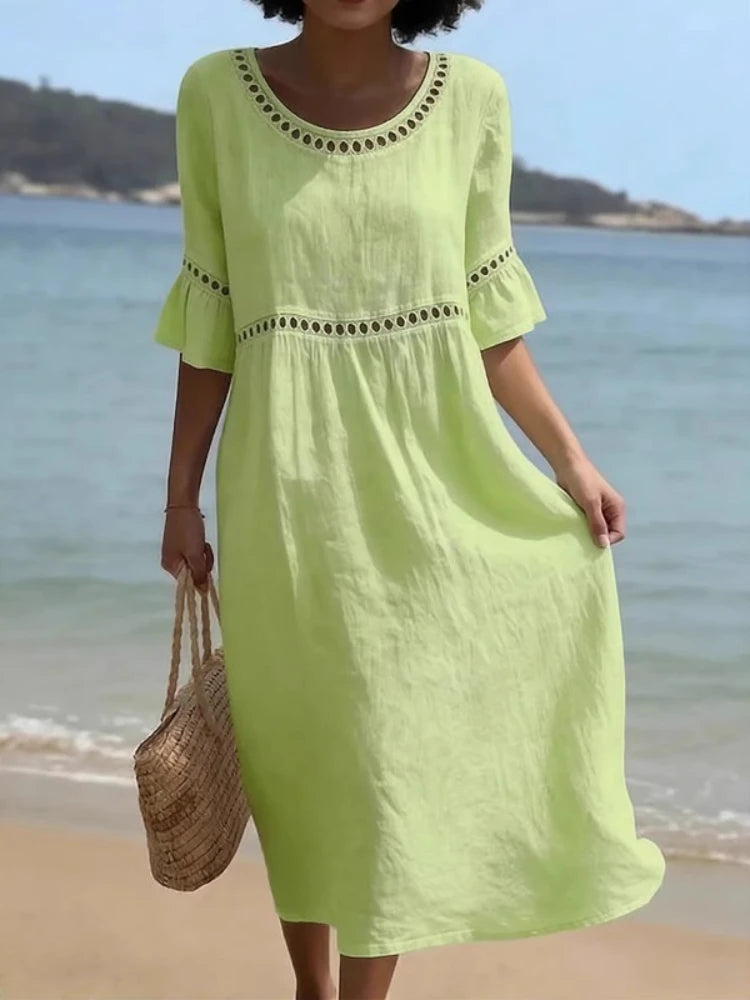 Mystflora Cotton Linen Hollow Out Round Neck Dress For Women