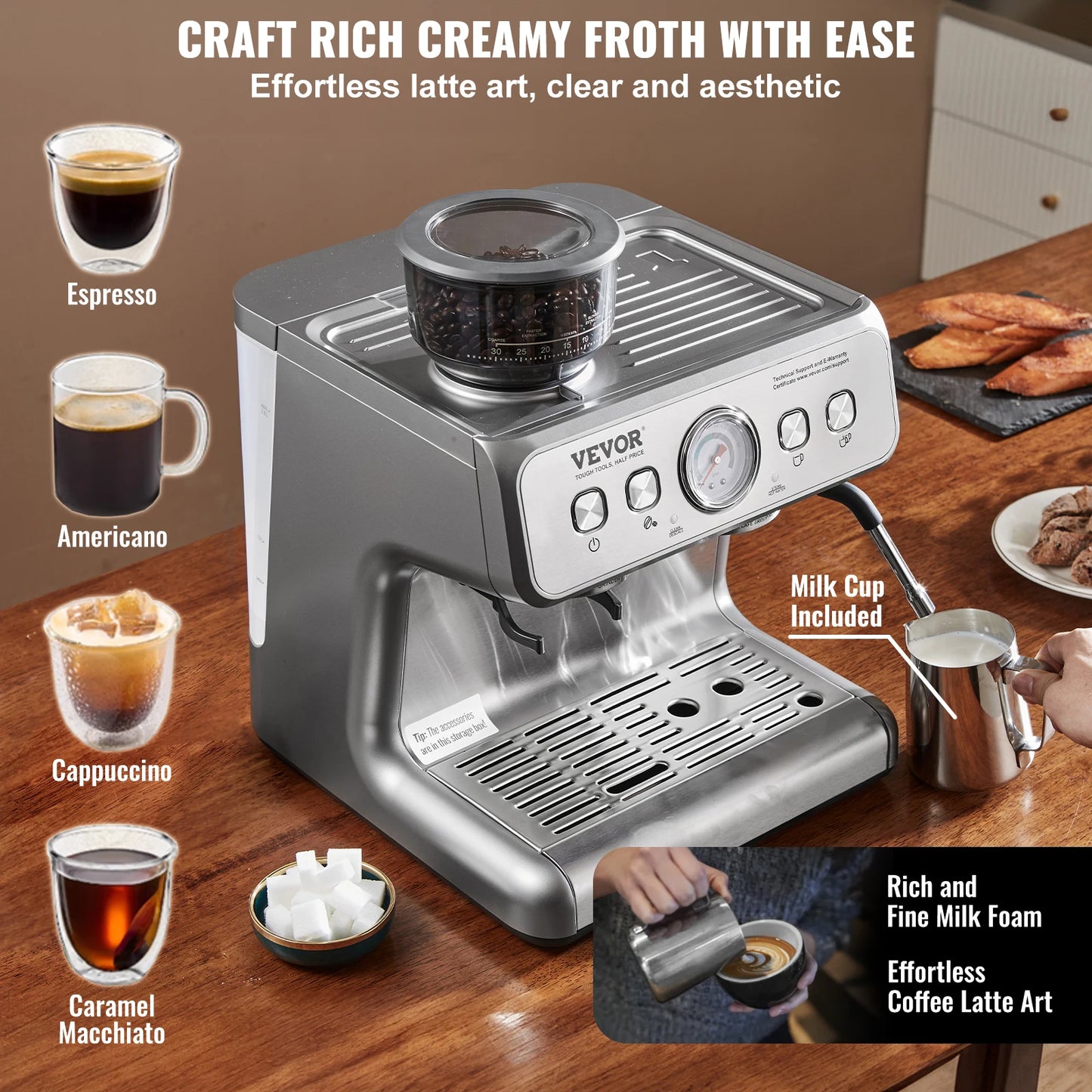 VEVOR Espresso Machine With Grinder 15 Bar Steam Frother