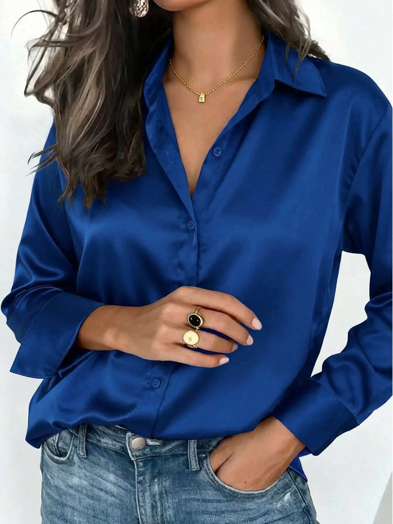 Satin Button Up Blouse Office Wear Elegant Collared Design