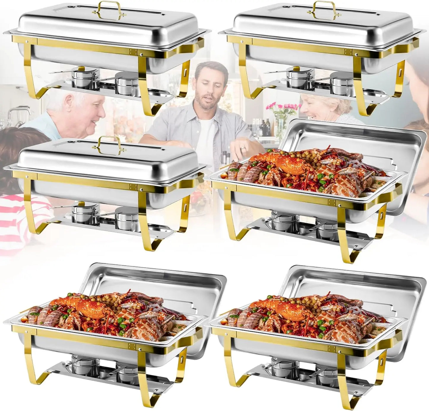 Chafing Dishes Buffet Set Semi Gold Plated Stainless Steel Rectangular