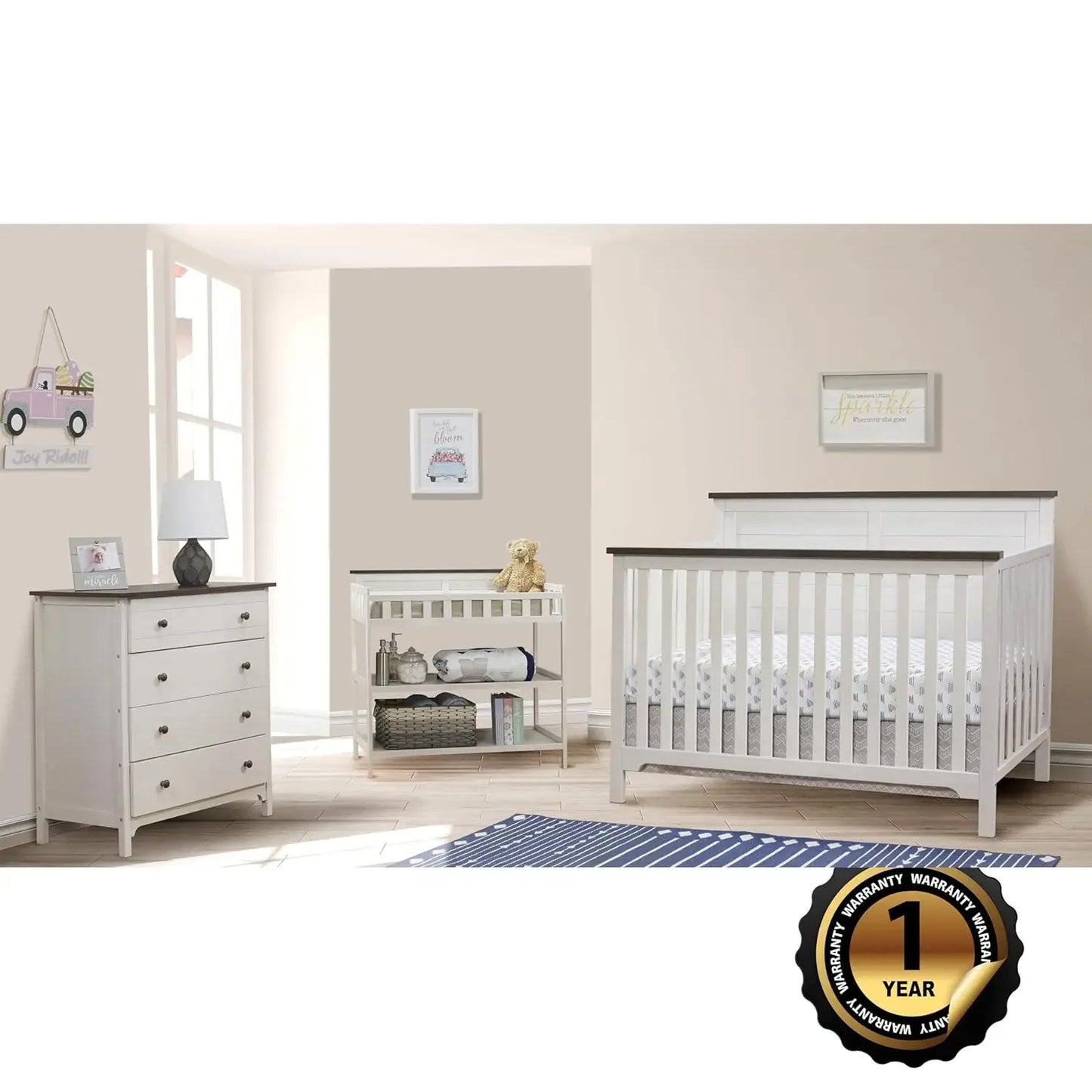 Farmhouse 3-Piece Nursery Set With Convertible Crib, Dresser, Changing Table