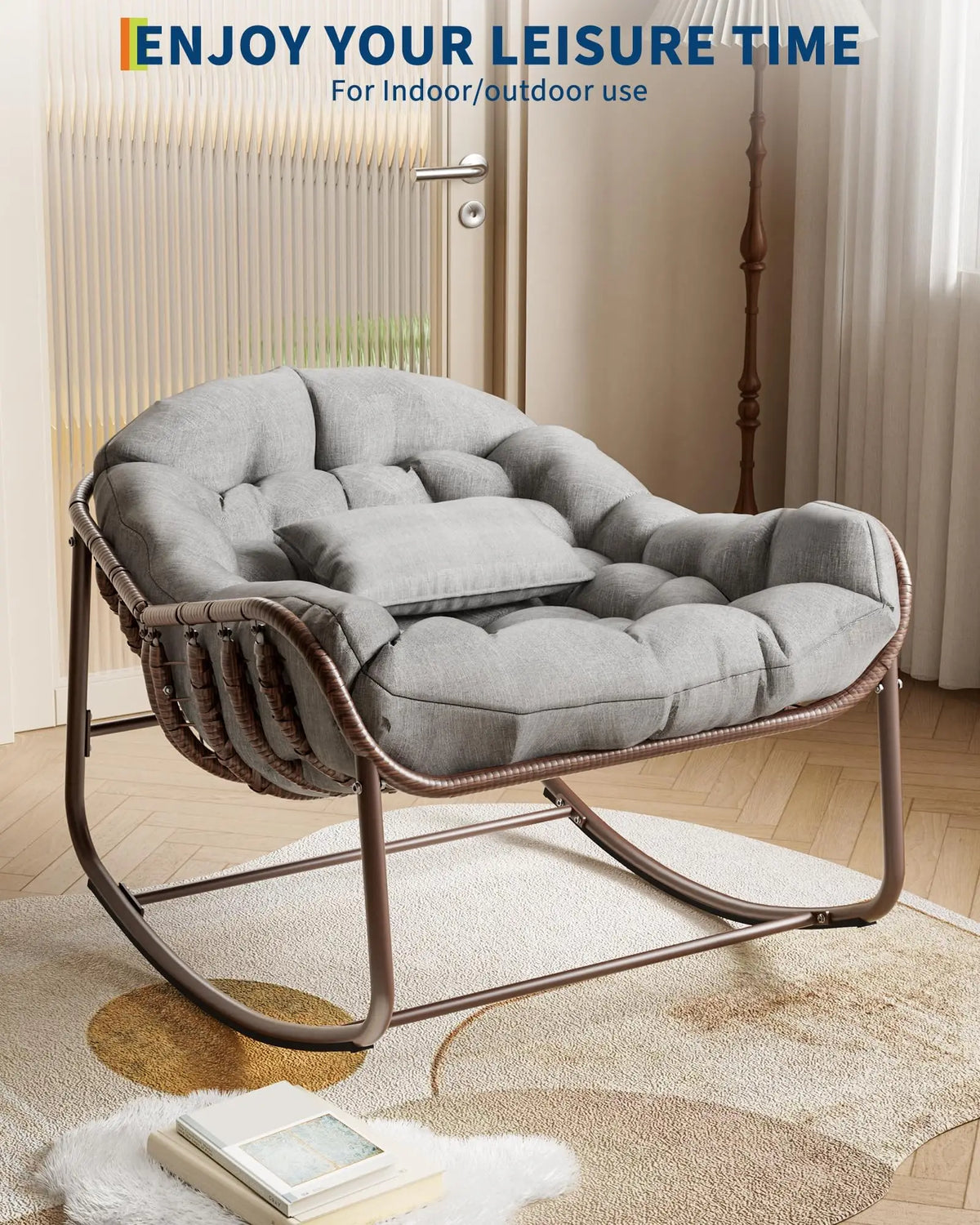 Grey Oversized Rattan Egg Rocking Chair With Steel Frame