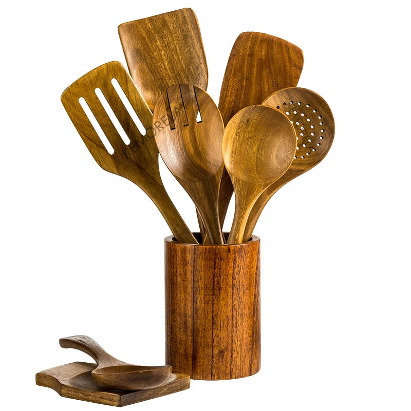 Kemorela 9 Piece Teak Wooden Kitchen Cooking Utensils Set