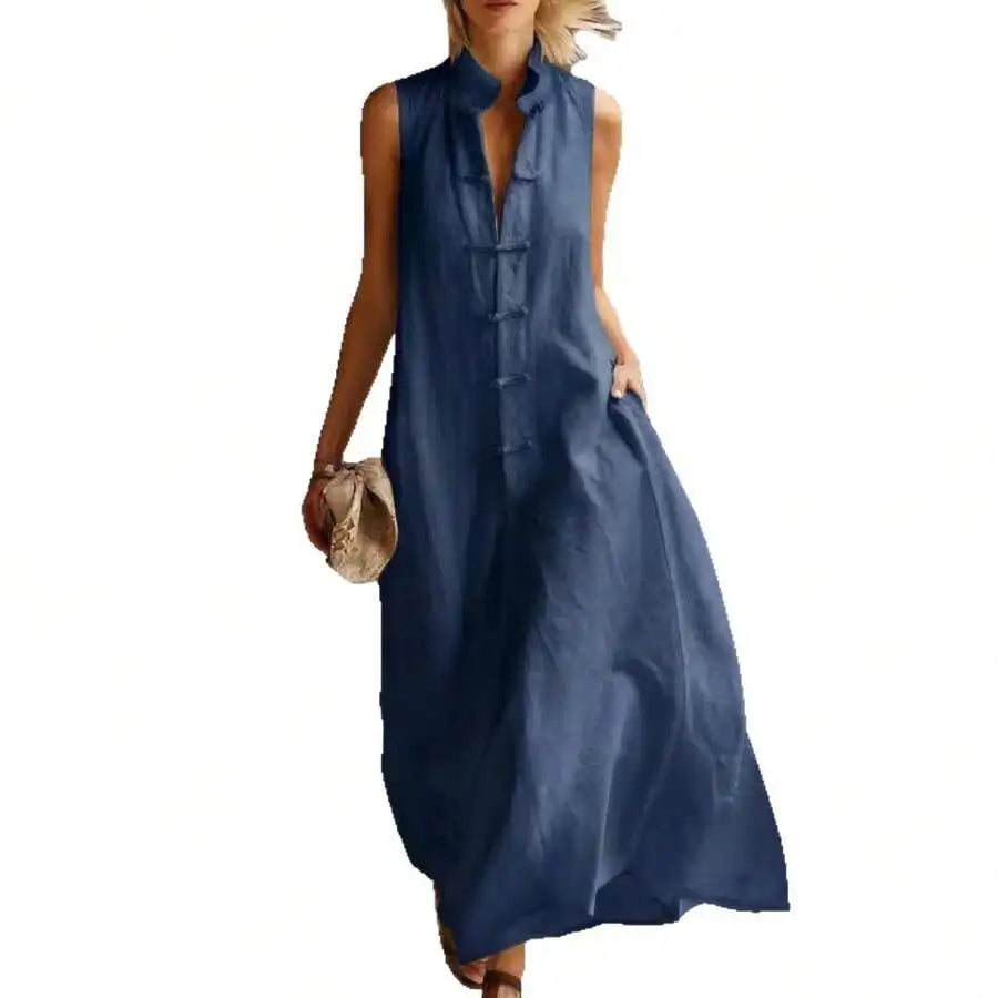 Linen Cotton Stand Collar Frog Button Long Dress For Women