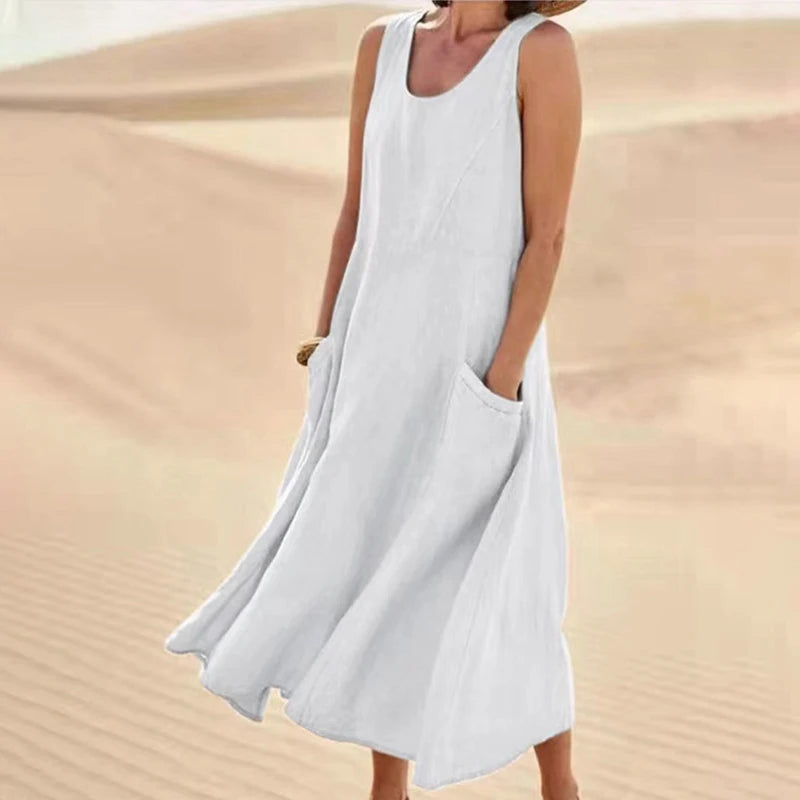 INSTYLISH Women Cotton Linen Sleeveless A Line Dress With Pockets