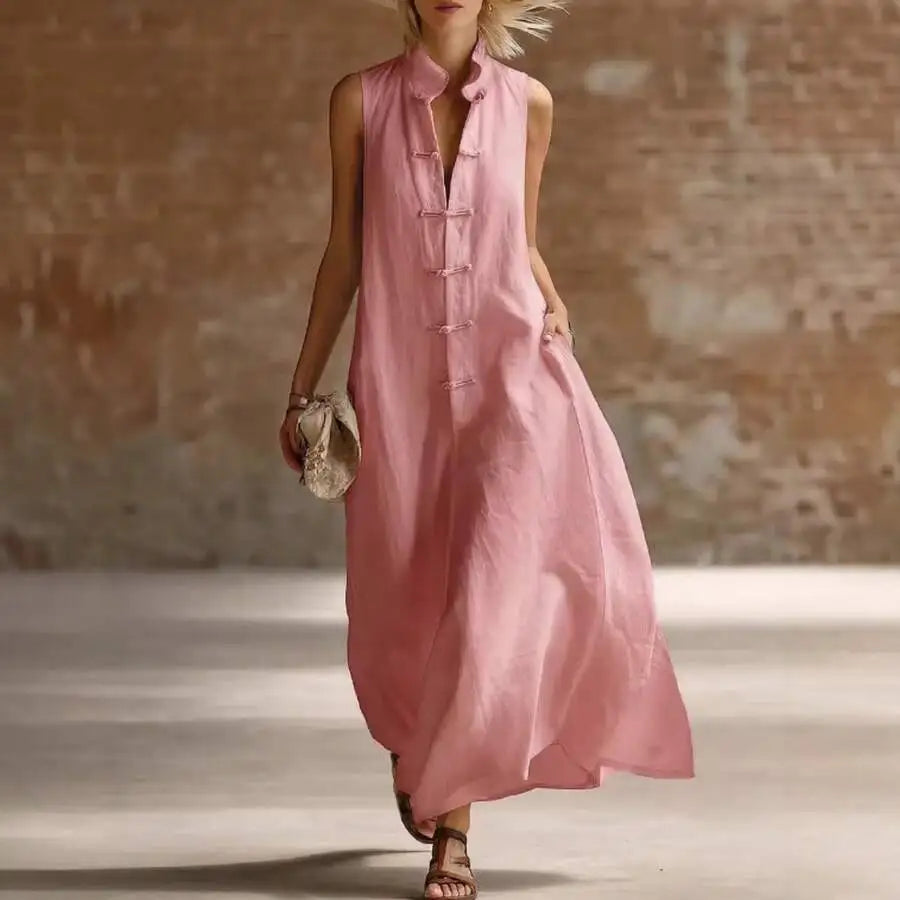 Linen Cotton Stand Collar Frog Button Long Dress For Women