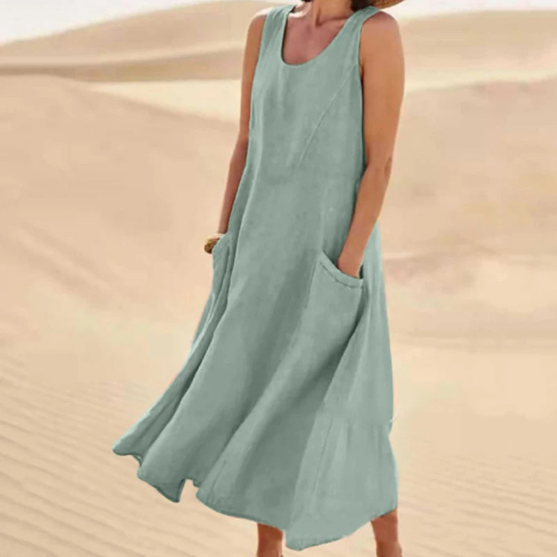 INSTYLISH Women Cotton Linen Sleeveless A Line Dress With Pockets