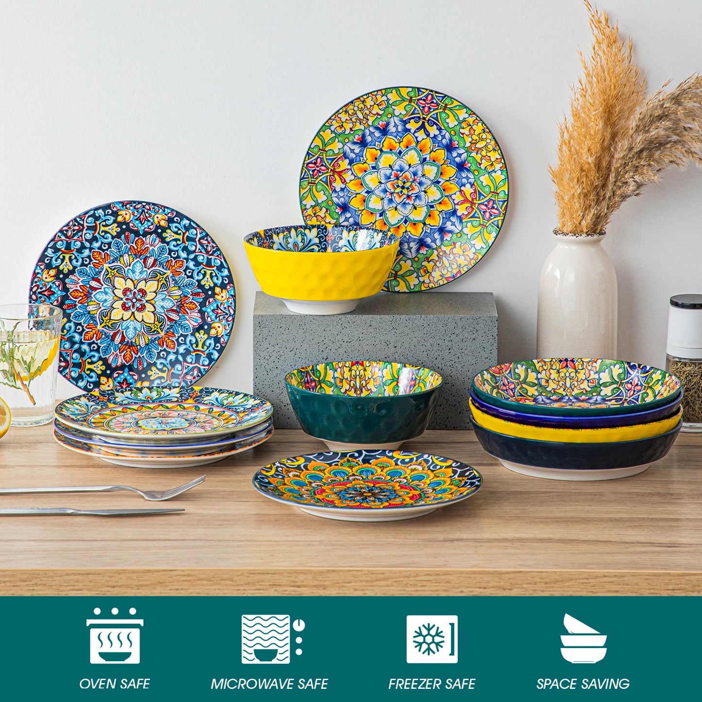 MALACASA Ceramic Dinnerware Set Stoneware Bohemian Style