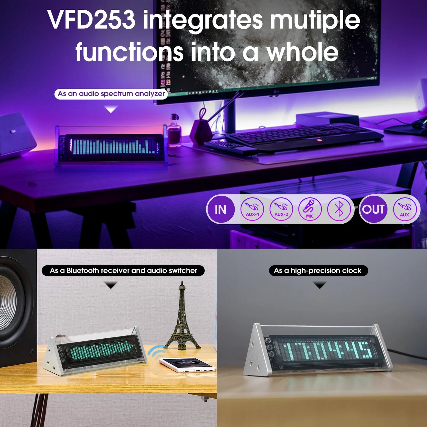 Douk Audio VFD253 Bluetooth 5.0 Clock Spectrum Display And Switcher