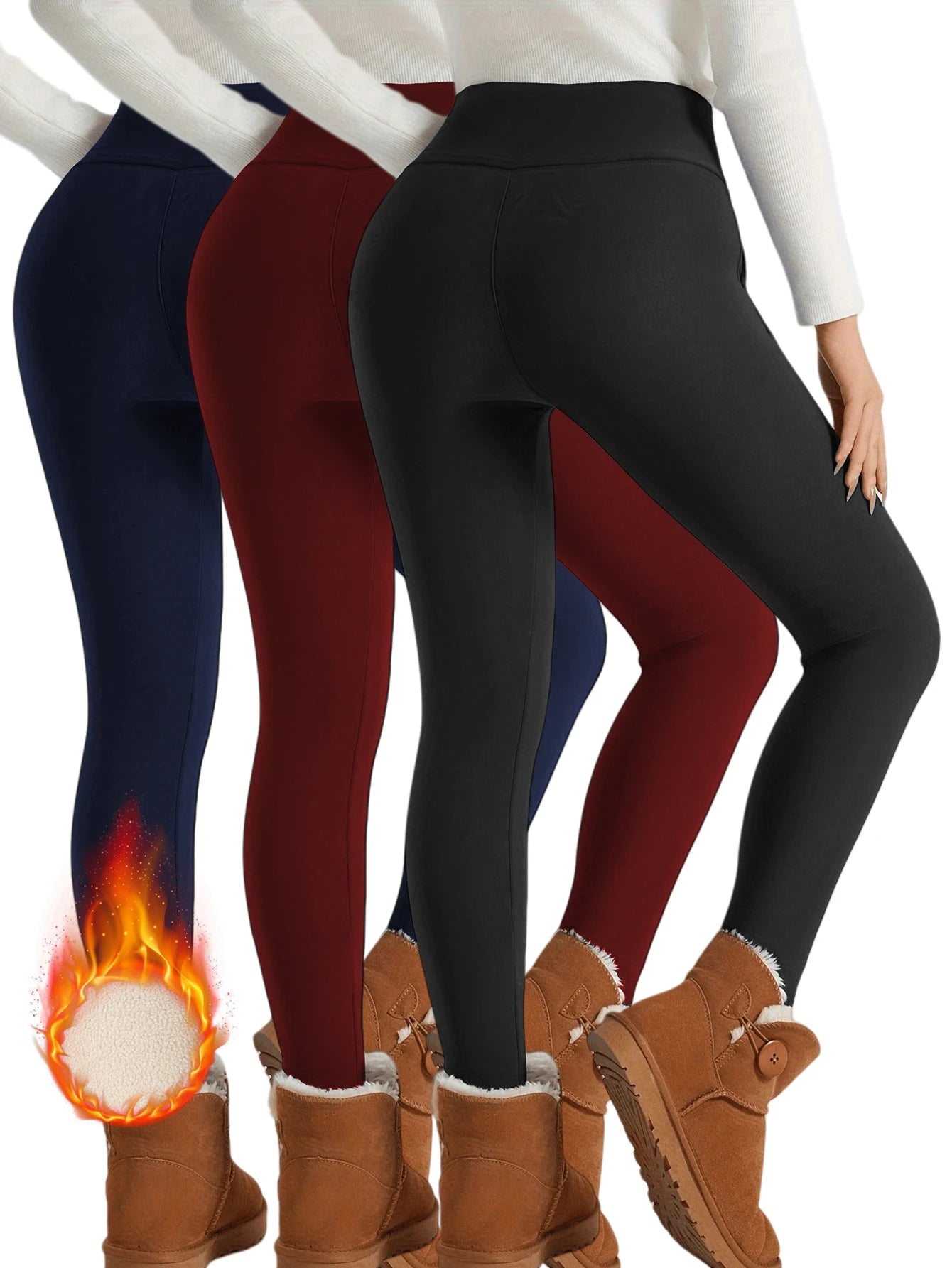 Fleece Lined High Waist Leggings Women Winter Windproof 3 Pack