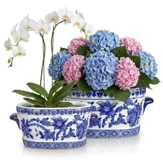 Chinese Porcelain Style Floral Ceramic Oval Cachepot Planter