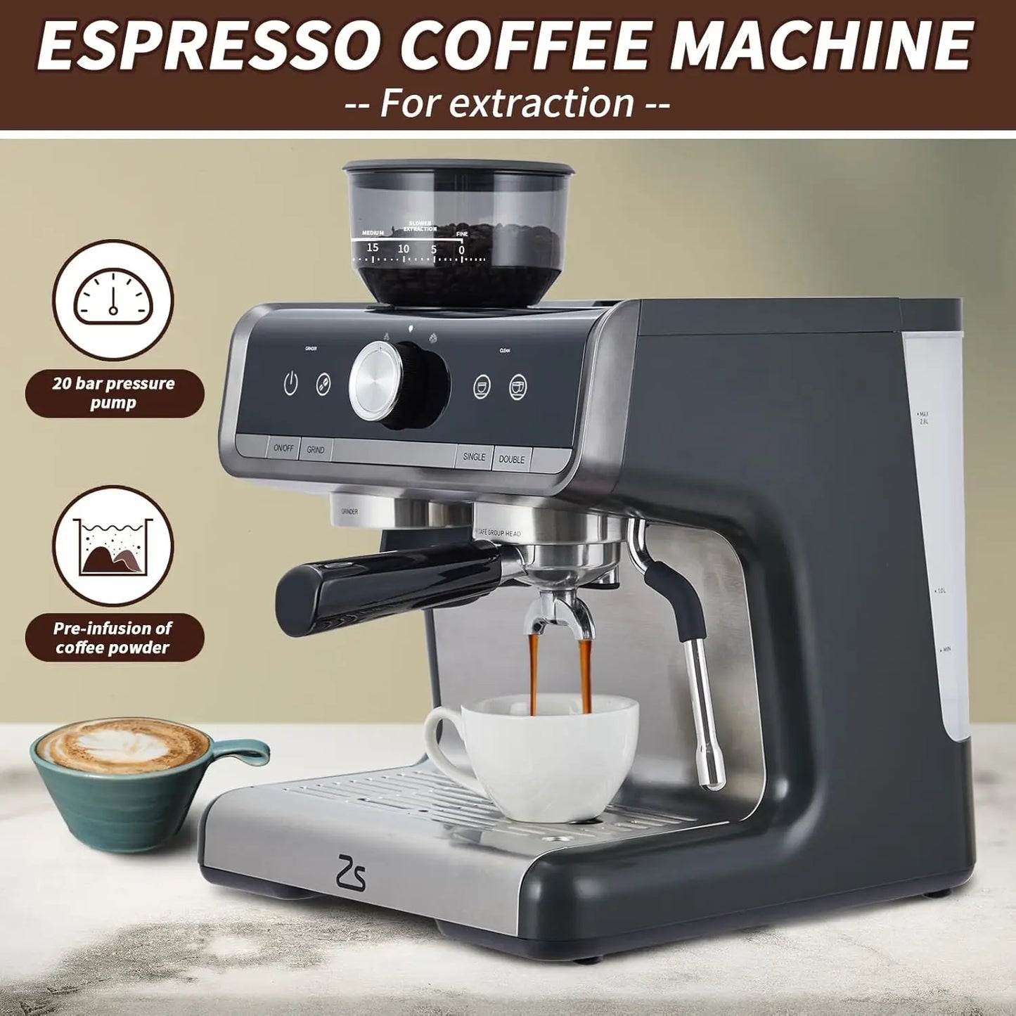 Acekool Espresso Machine With Grinder And Milk Frother 20 Bar