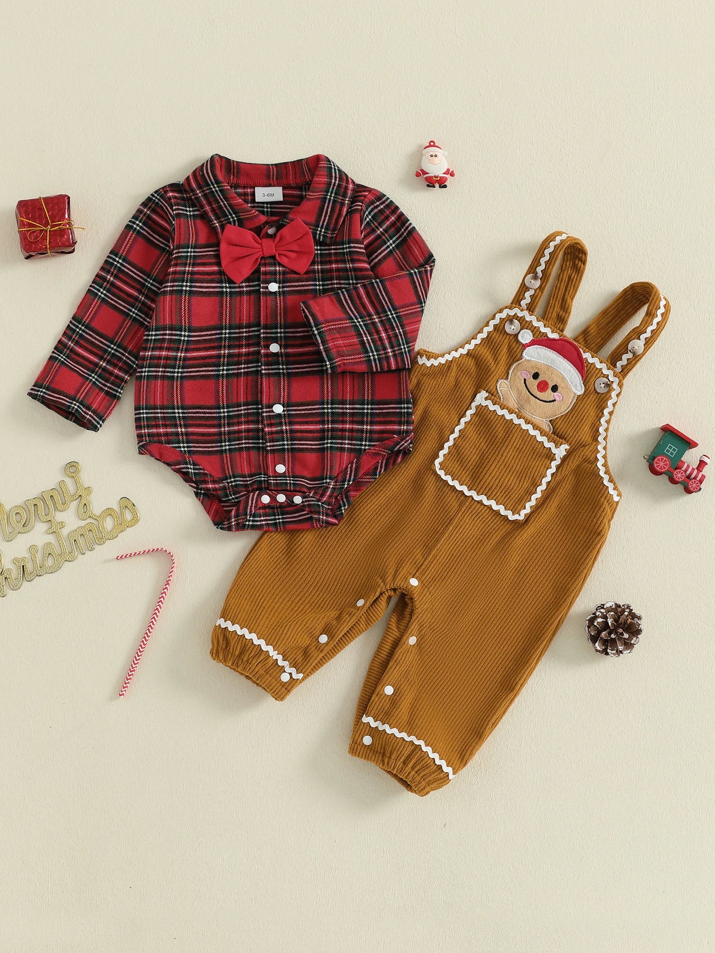 Toddler Boy Red Plaid Reindeer Embroidered Outfit Pants Set