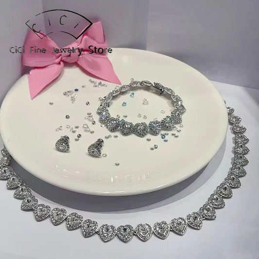 Crystal Heart Jewelry Set For Women Necklace Earrings Bracelet Ring