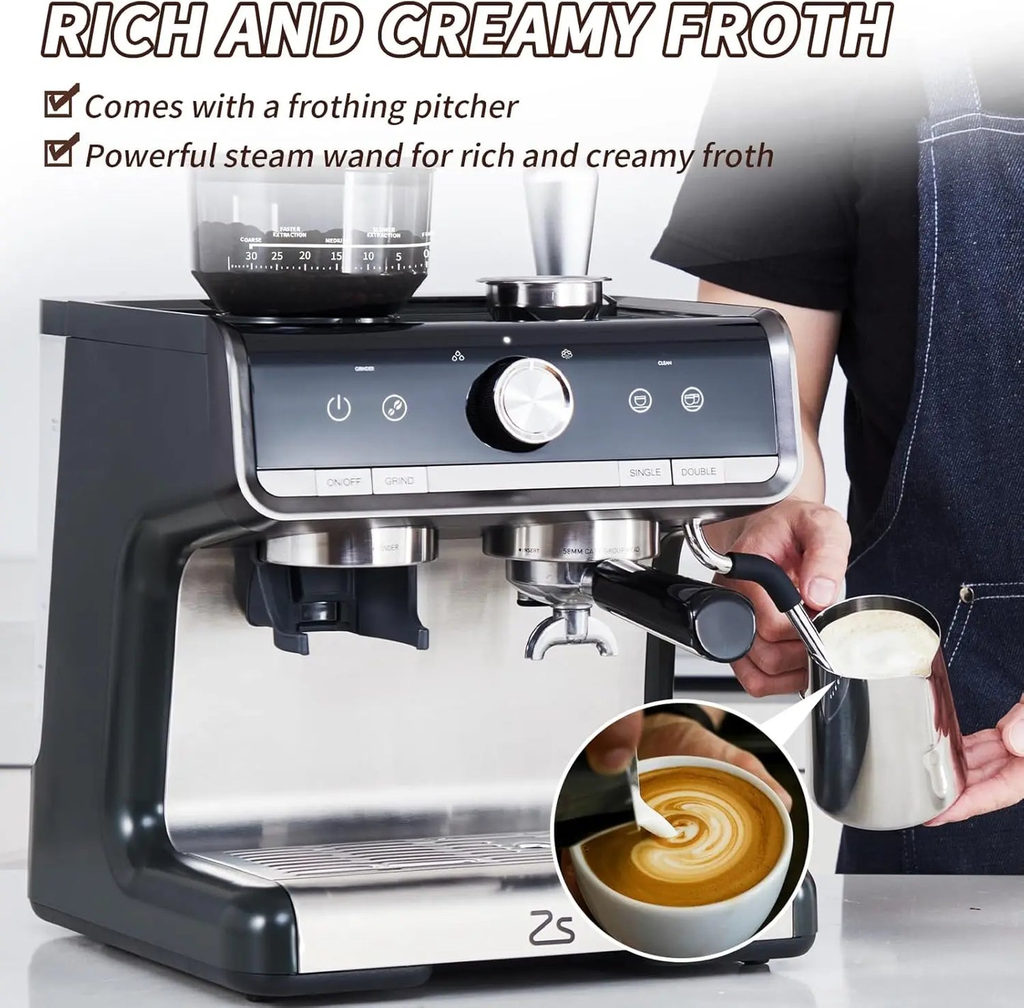 Acekool Espresso Machine With Grinder And Milk Frother 20 Bar