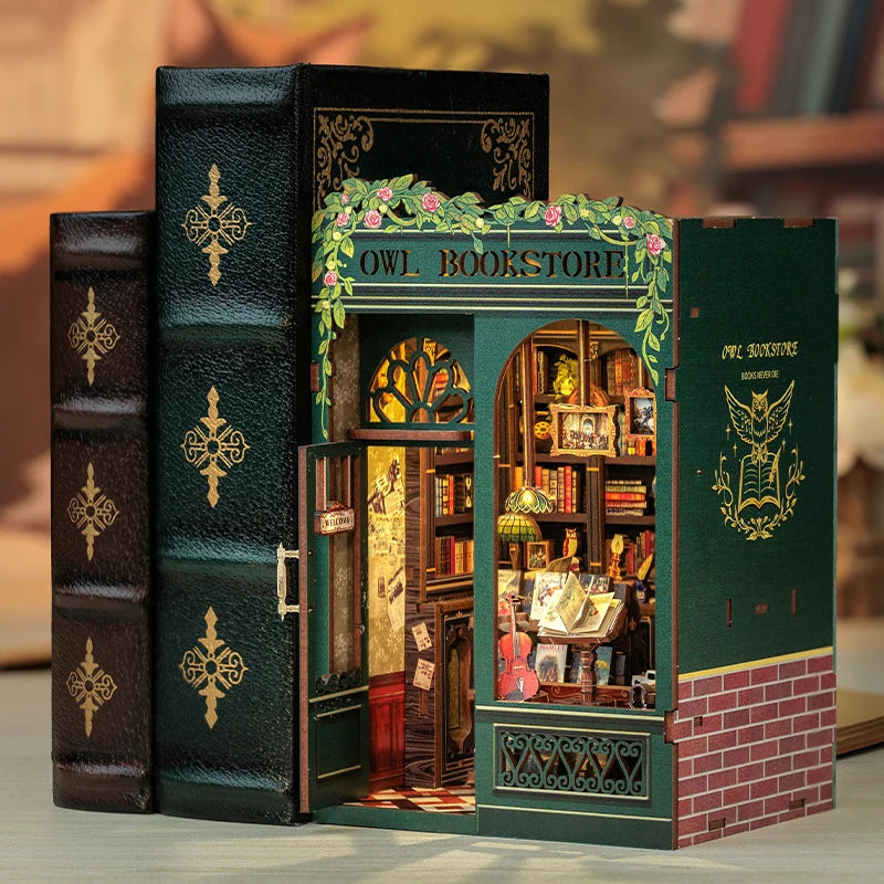 CUTEBEE DIY Book Nook Kit Wooden Owl Bookstore With Lights