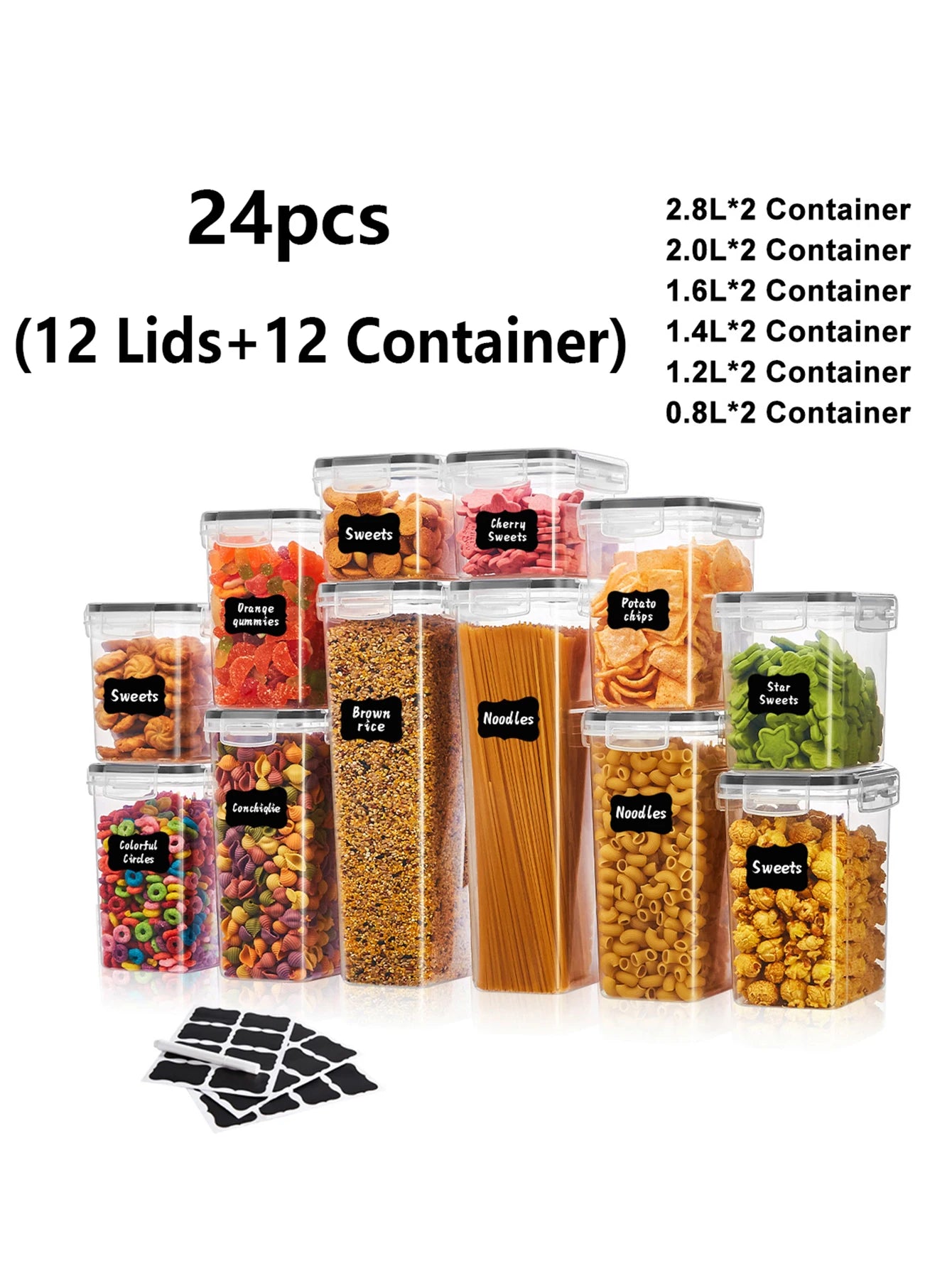 24 Piece Sealed Food Storage Containers With Lids For Grains Rice Pasta Nuts