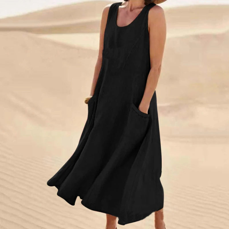 INSTYLISH Women Cotton Linen Sleeveless A Line Dress With Pockets