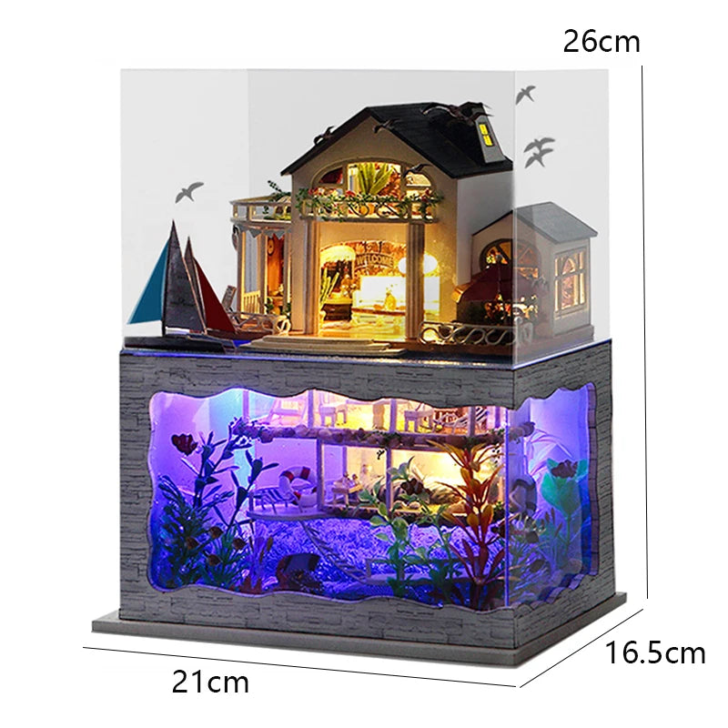 DIY Wooden Mini Seaside Villa Dollhouse Kit With Furniture