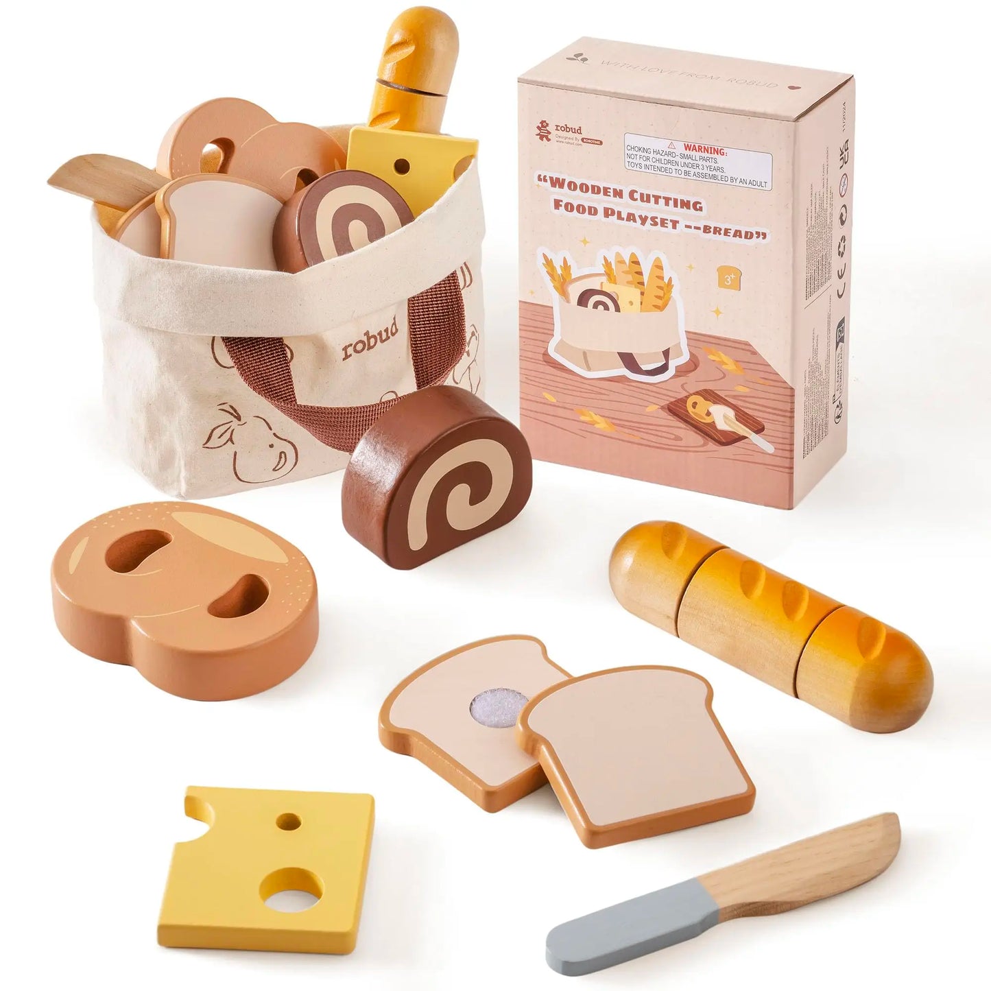 ROBUD Wooden Pretend Play Food Set Cutting Toy Food Play Kitchen Accessories Toy Food with Storage Bag Toys Gifts for Girls Boys