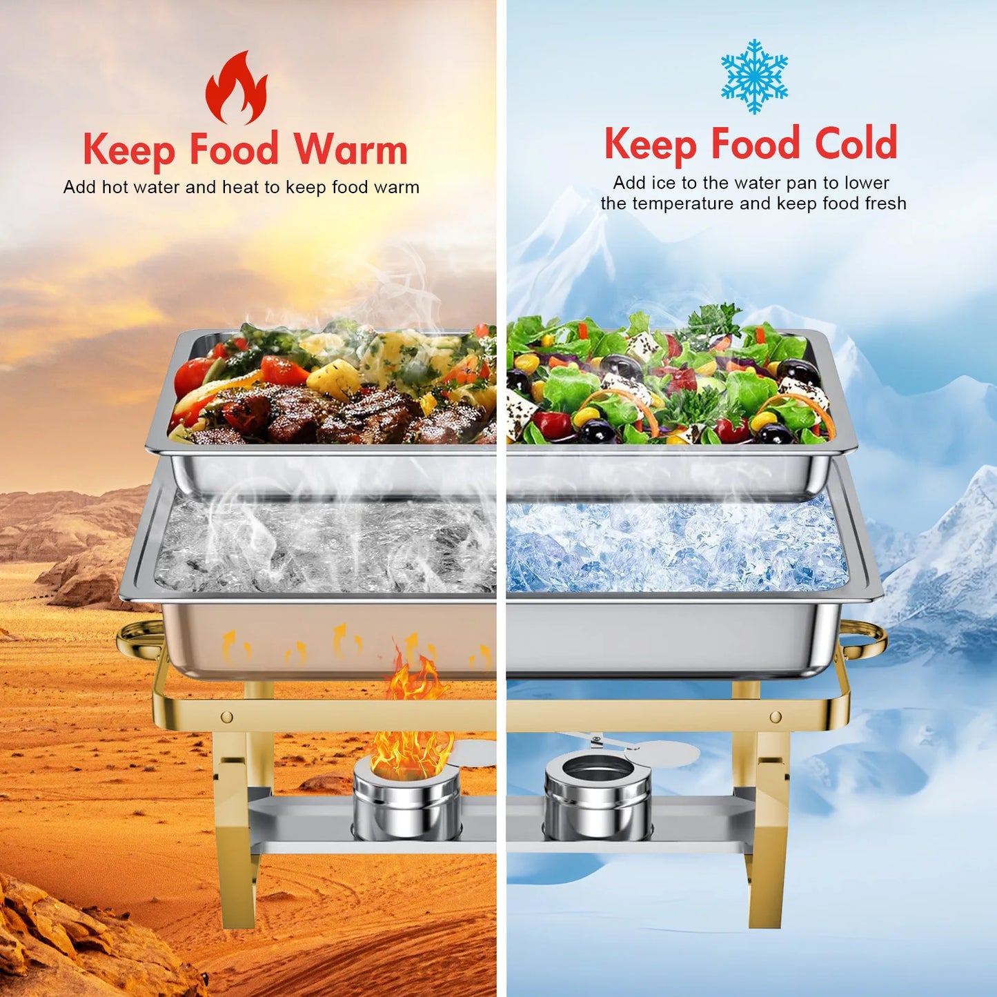 4-Pack Chafing Dishes Buffet Set 8QT-9QT Rectangular Semi-Gold-Plated Stainless Steel Warmer for Hotel Catering Parties Wedding
