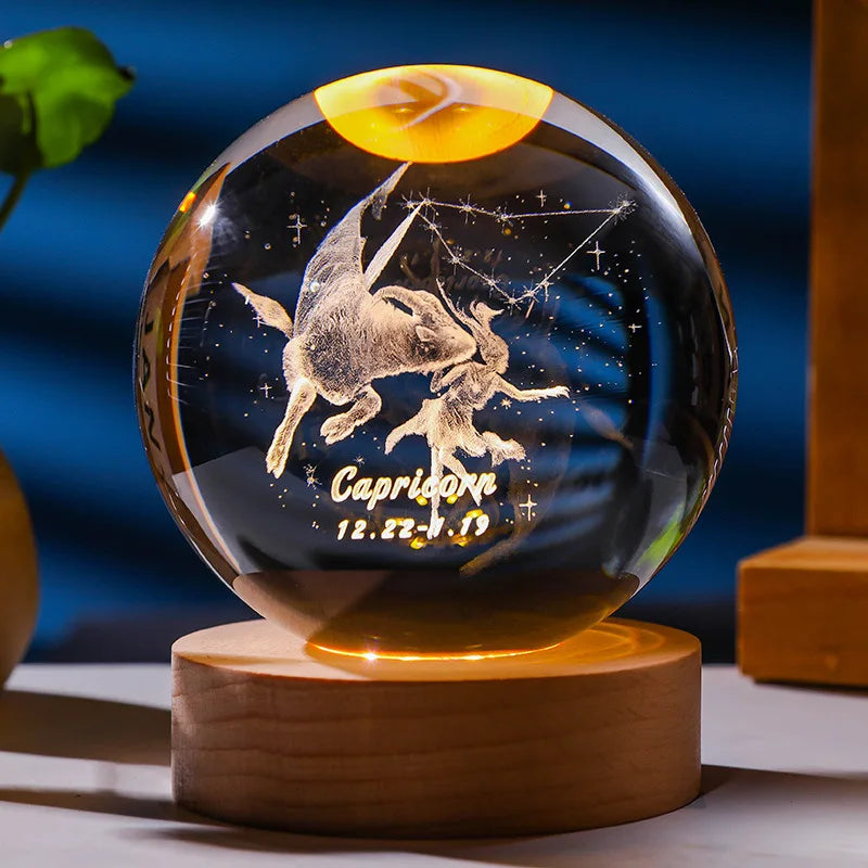 3D Constellation Crystal Ball Night Light with Wooden USB Base