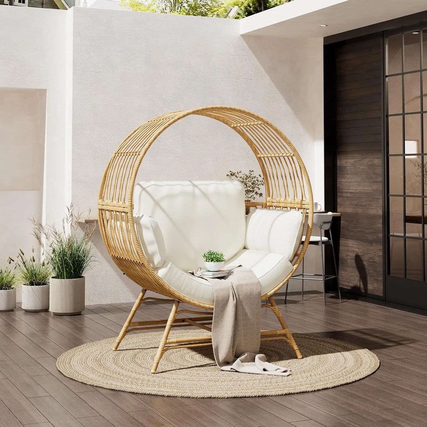 Oversized Egg Chair Indoor Outdoor Rattan Hanging Chair With Cushion 350LBS
