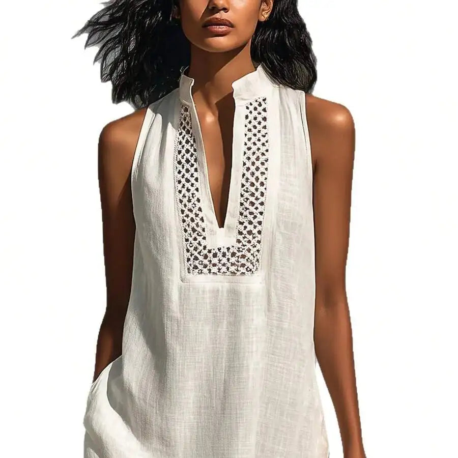 Linen Blend Sleeveless Maxi Dress With Pockets For Women