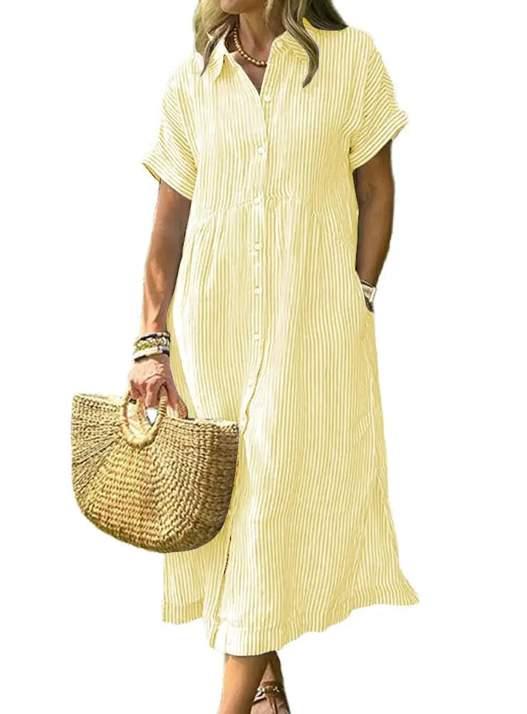Womens Striped Midi Shirt Dress Loose Button Down Cotton Linen