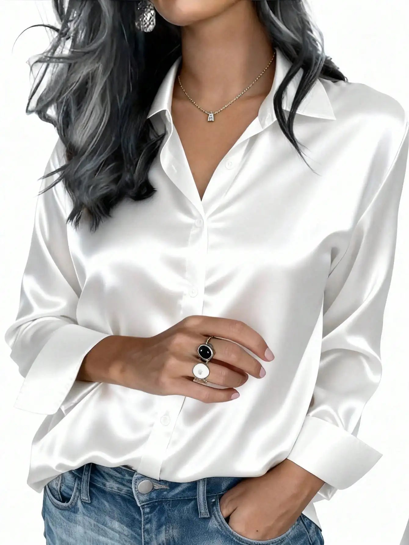 Satin Button Up Blouse Office Wear Elegant Collared Design