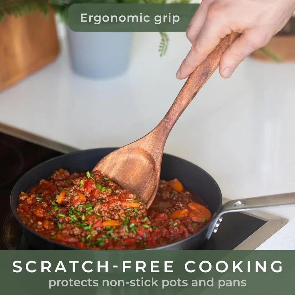 9-Piece Eco-Friendly Wooden Kitchen Utensil Set: Spatula, Tongs, Whisk, Spoons, Pasta Server - Non-Toxic Cooking Tools