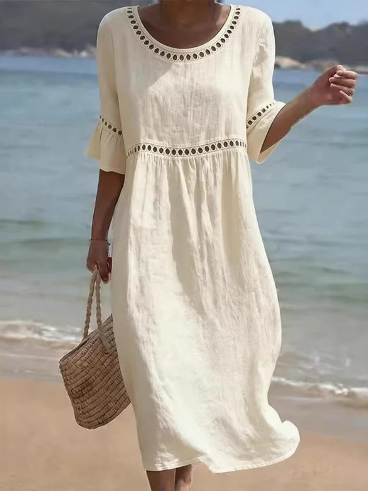 Mystflora Cotton Linen Hollow Out Round Neck Dress For Women