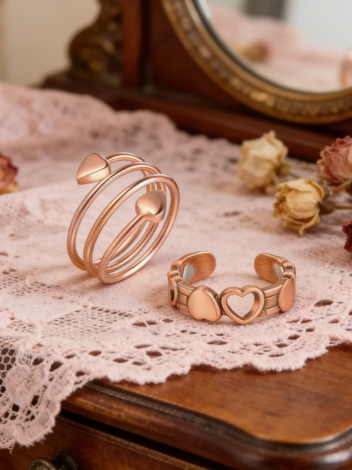 Pure Copper Open Heart Ring With Elegant Platinum Finish