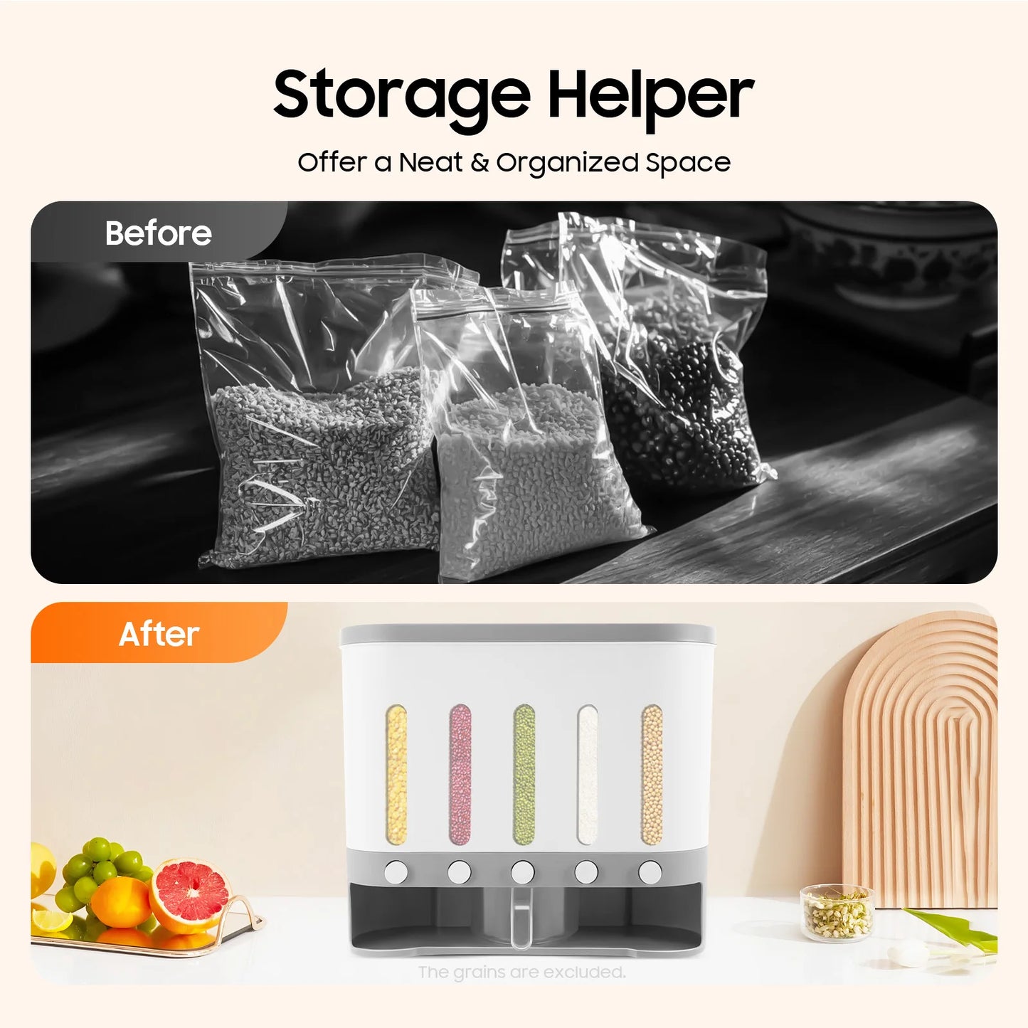 Five Compartment Wall Mount Rice Dispenser for Kitchen Storage