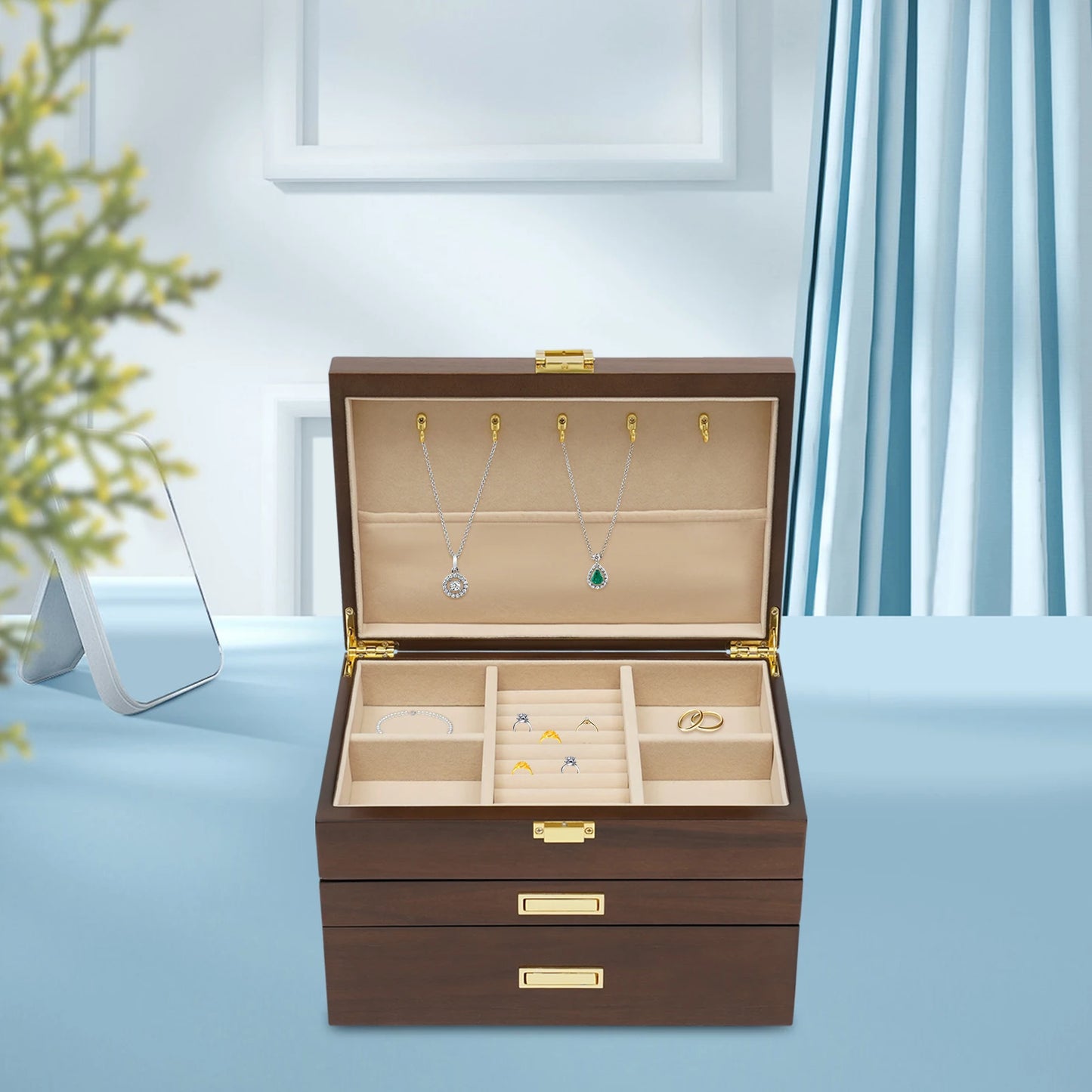 Black Walnut Wood Jewelry And Watch Display Case Organizer