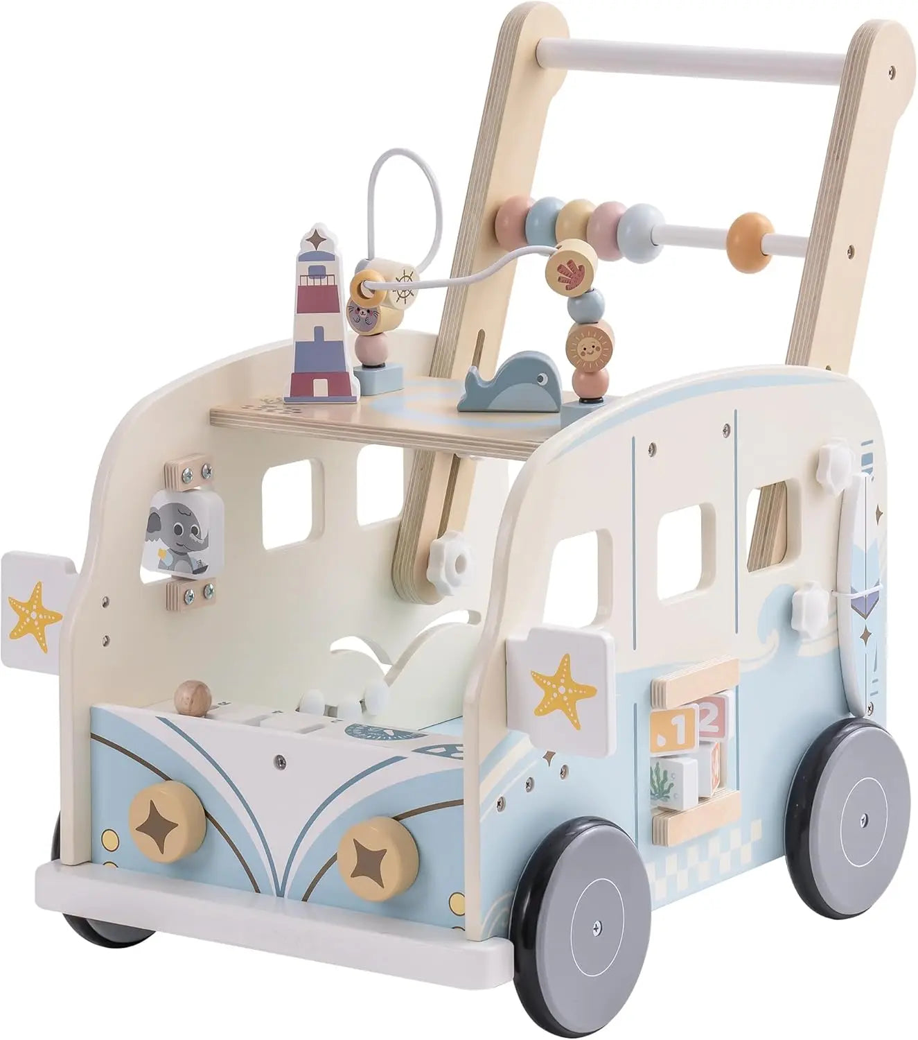 Wooden Baby Walker Bus Style With Ocean Pattern Rolife