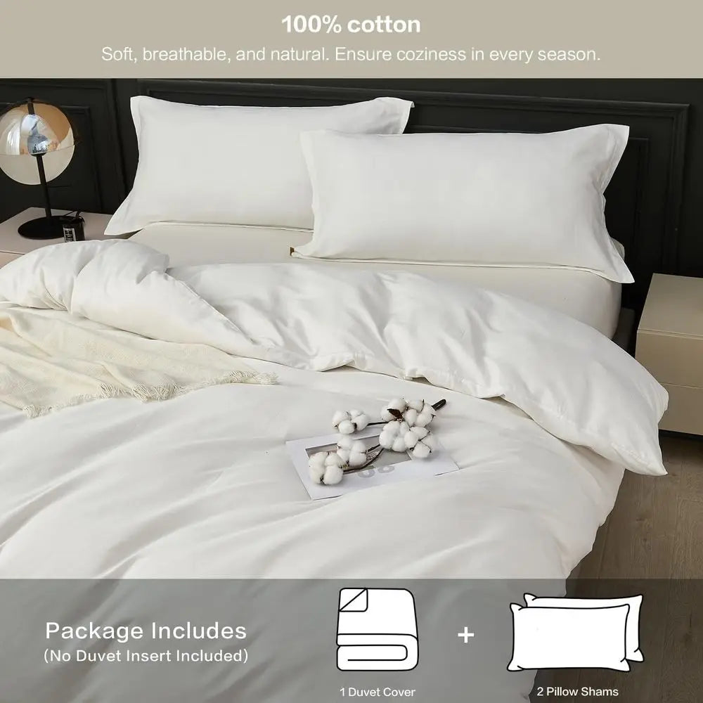 Queen Organic Cotton Duvet Cover Set, Soft Zippered & Tied Bedding, 100% Cotton, Comforter Not Included