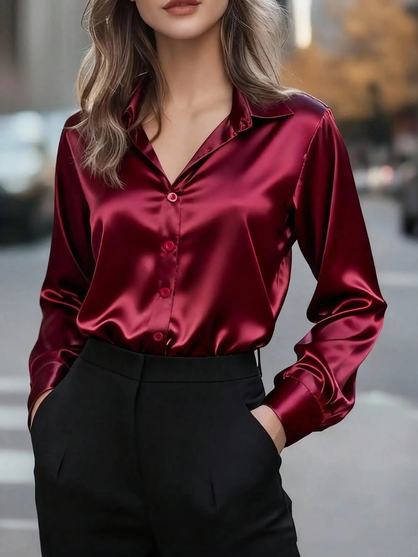 Satin Button Up Blouse Office Wear Elegant Collared Design