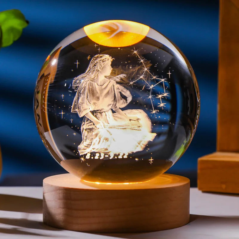 3D Constellation Crystal Ball Night Light with Wooden USB Base