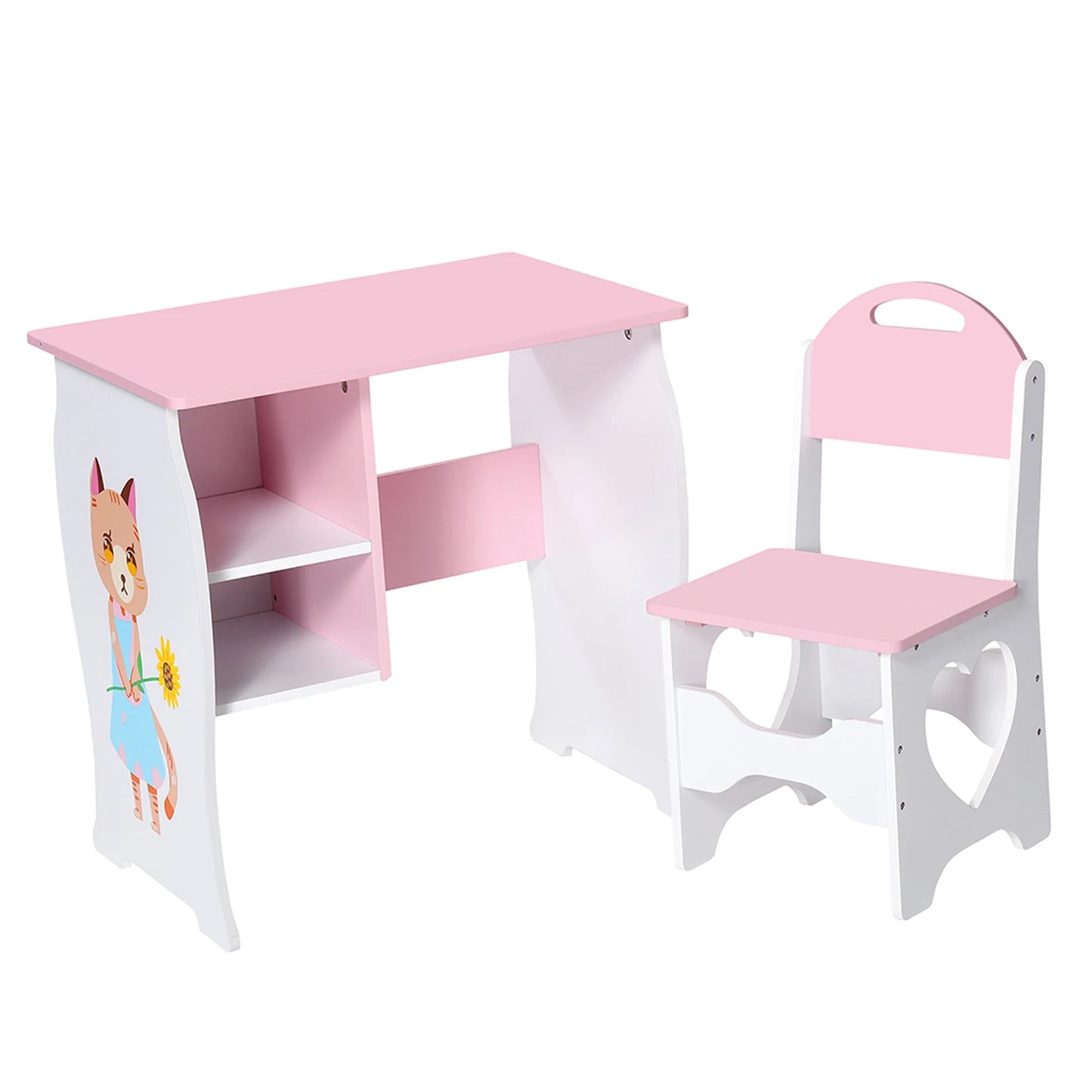 Kids Wooden Study Desk And Chair Set With Storage Shelf For Home Use