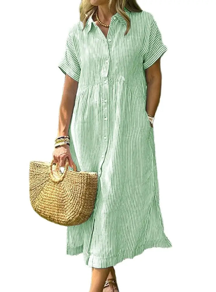 Womens Striped Midi Shirt Dress Loose Button Down Cotton Linen