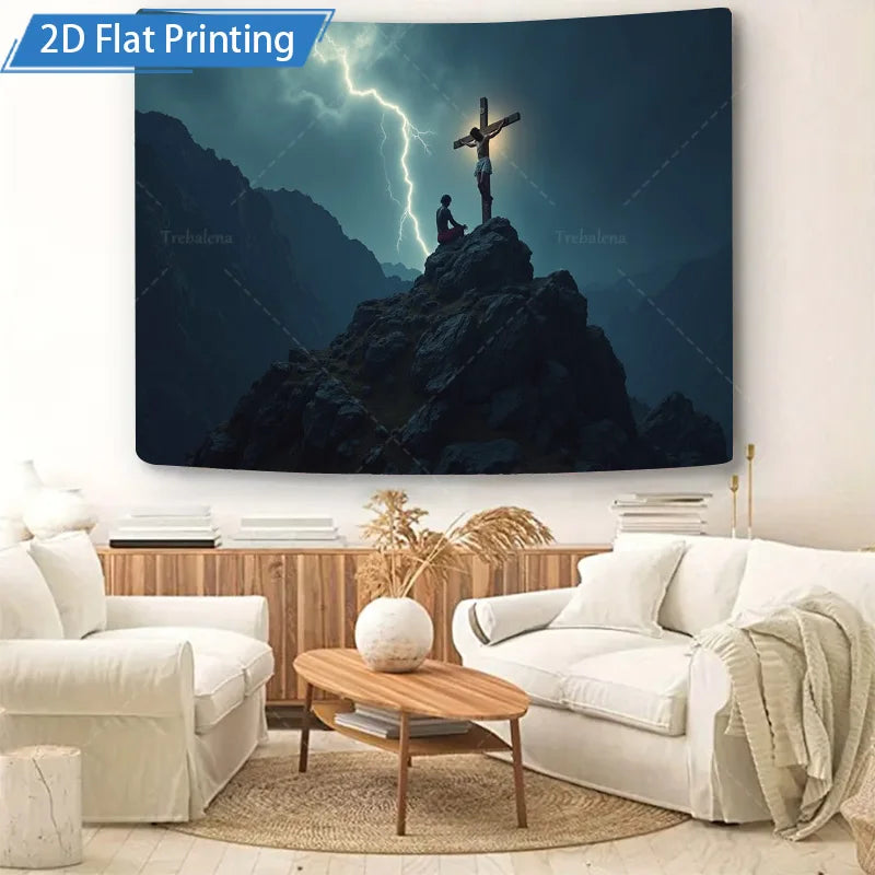 Stormy Mountain Cross Scene Tapestry Modern Spiritual Wall Art